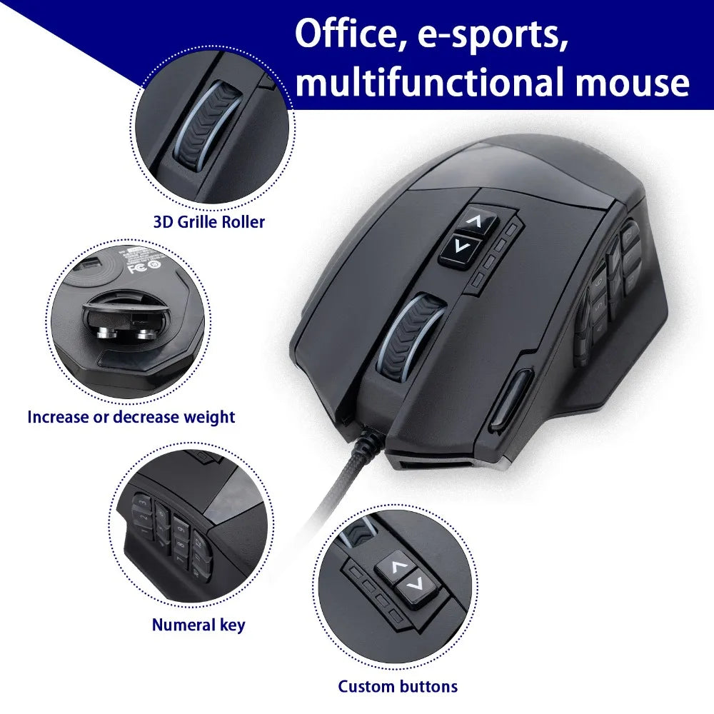 Mouse gaming programmabile E-YOOSO X-39, mouse RGB cablato con 18 pulsanti, 8 pesi removibili, 5 DPI, impugnatura ergonomica per computer