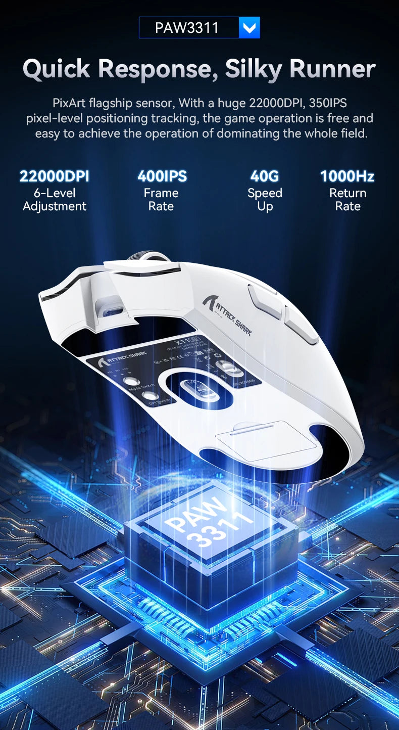 Mouse da gaming wireless ATTACK SHARK X11SE, tri-mode, ultraleggero 63g con sensore PAW3311, 22000 DPI, batteria 300mAh, doppio driver