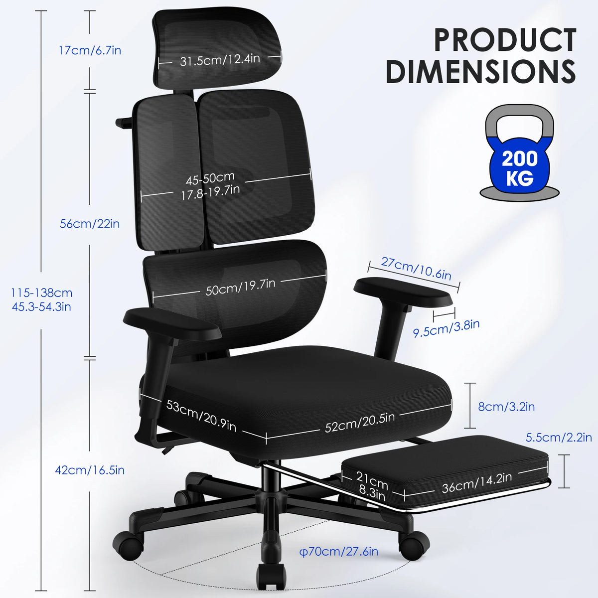 AUTHMIC Ergonomic Office Chair with 6D Adjustable Armrests, 3D Headrest, Lumbar Support, Reclining Mesh Desk Chair 200kg Capacity