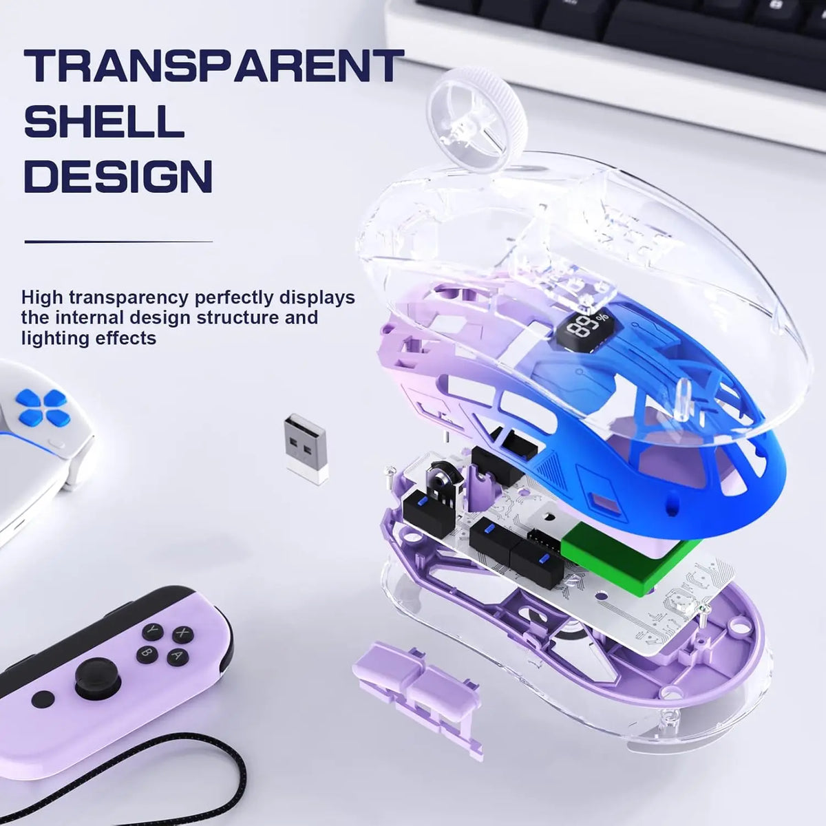 Brezžična gaming miška A2 Transparent, BT 5.0/2.4G za PC, polnilna RGB miška z digitalnim zaslonom, PixArt 3212, 5 nastavljivih DPI