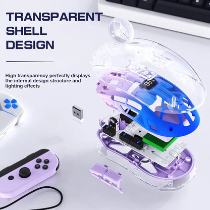 Brezžična gaming miška A2 Transparent, BT 5.0/2.4G za PC, polnilna RGB miška z digitalnim zaslonom, PixArt 3212, 5 nastavljivih DPI