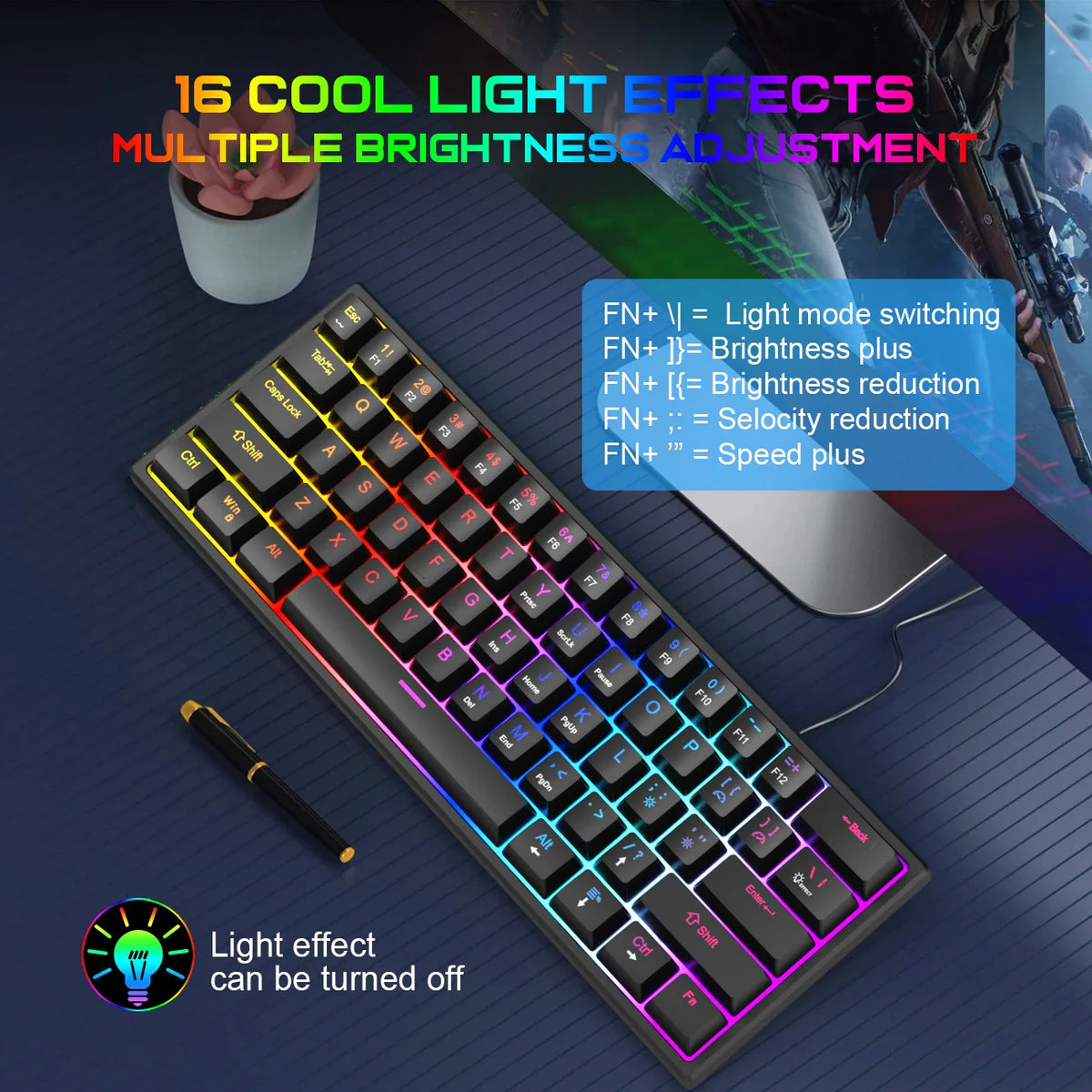104 Keys Mechanical Feel Keyboard Wired Gaming Keyboard for Laptop PC Ergonomics RGB Backlit 61Key Cyan Axis Keycaps Keyboard