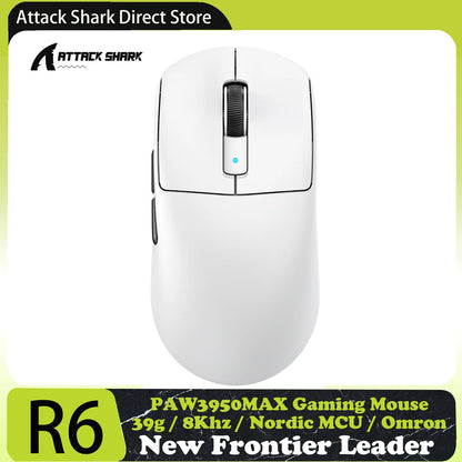 Mouse gaming wireless ATTACK SHARK R6 PAW3950MAX, polling 8Khz, ultraleggero 39g, MCU Nordic 52840, microswitch ottici Omron