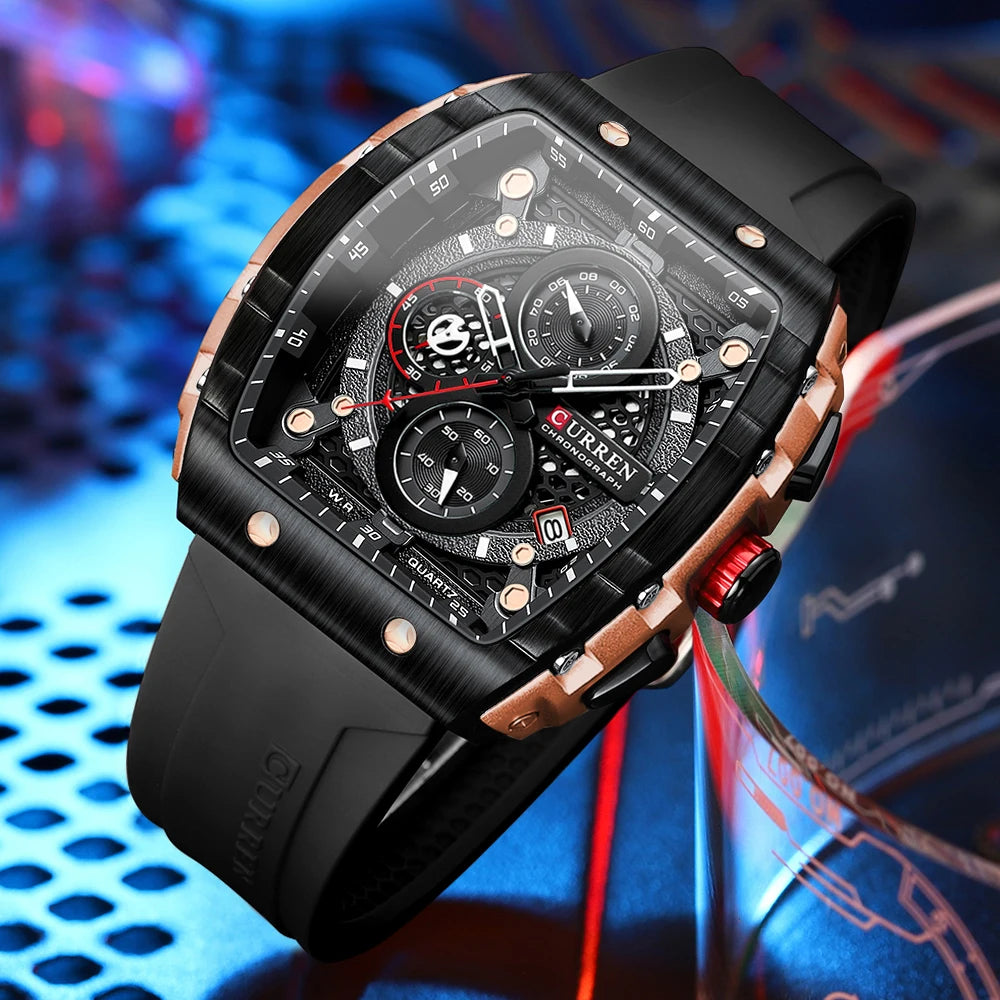 CURREN Men’s Luxury Square Quartz Chronograph Watch Waterproof, Luminous Dial & Date Display