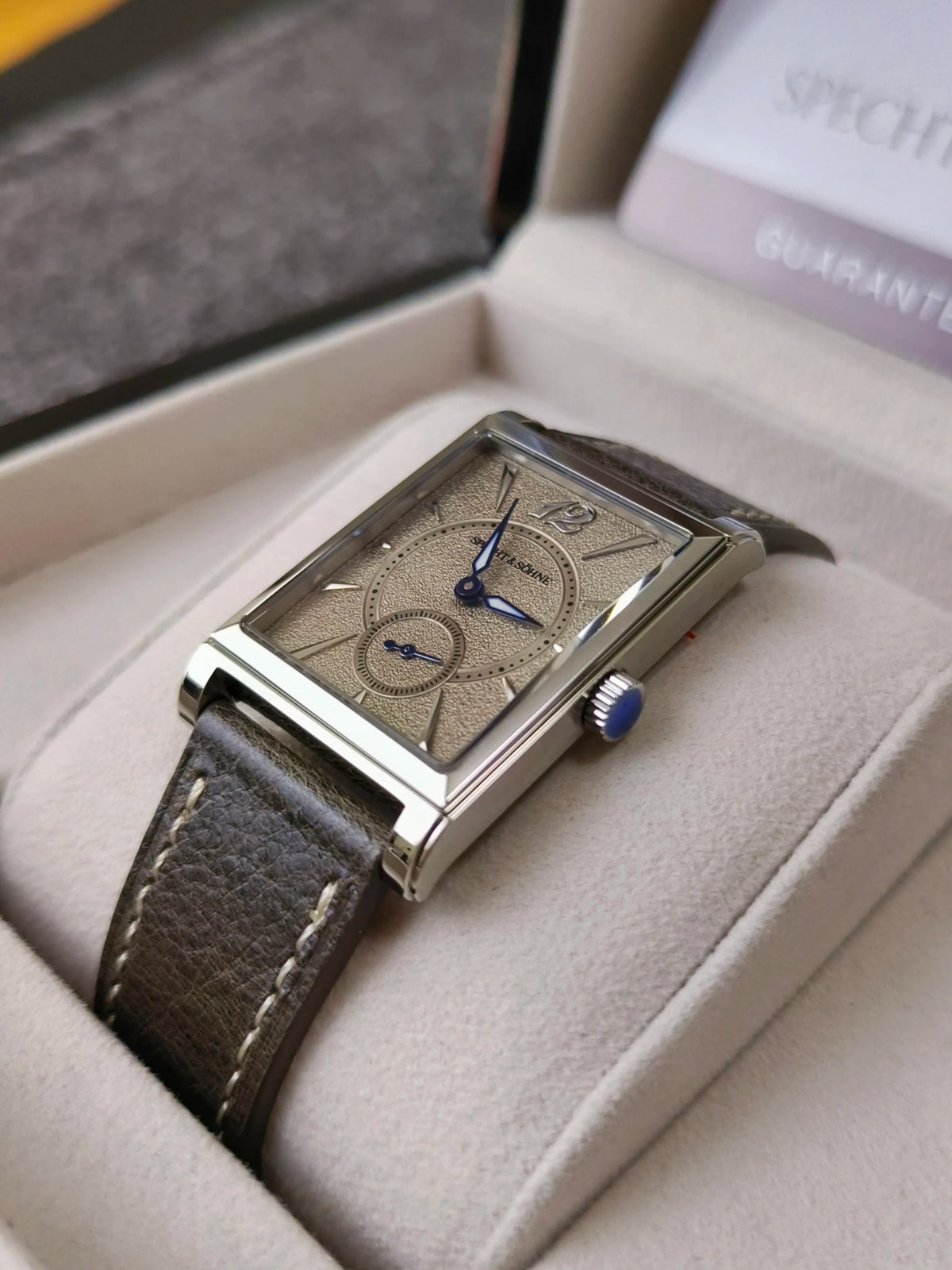 2026 Specht&Söhne Ultra Thin 7.5mm Rectangular Watch Japan Quartz Movt Small Seconds Sandblasted Dial Grey Leather Strap Watch