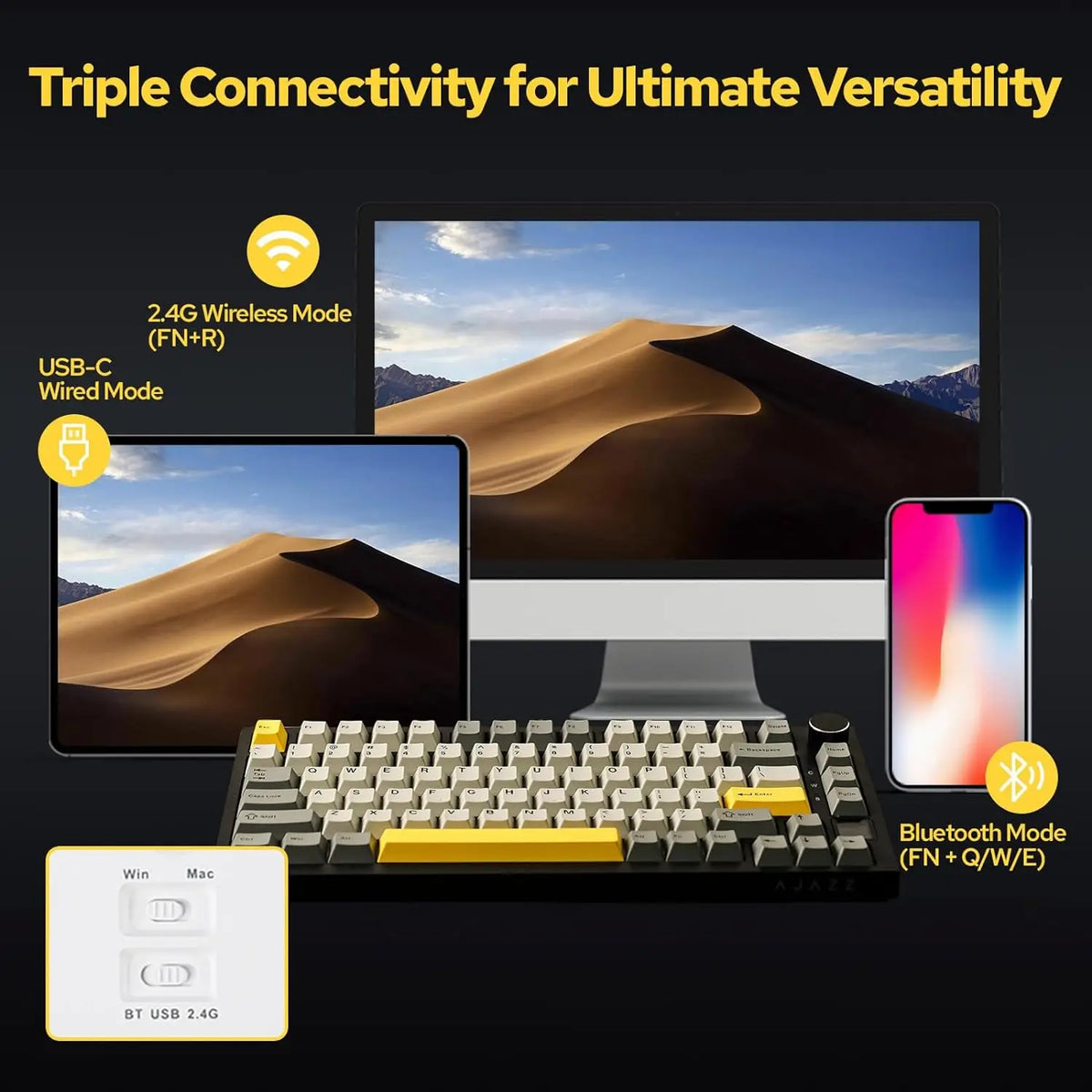 Ajazz AK820/AK820Pro Gaming Mechanical Keyboard Bluetooth 2.4G wireless/wired with hot-swappable volume buttons
