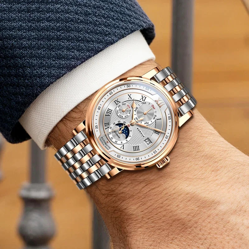 BORMAN BM3868 Novos relógios de pulso automáticos mecânicos de luxo para homem, 40 mm, com vidro de safira, multifunções, à prova de água e com fase lunar