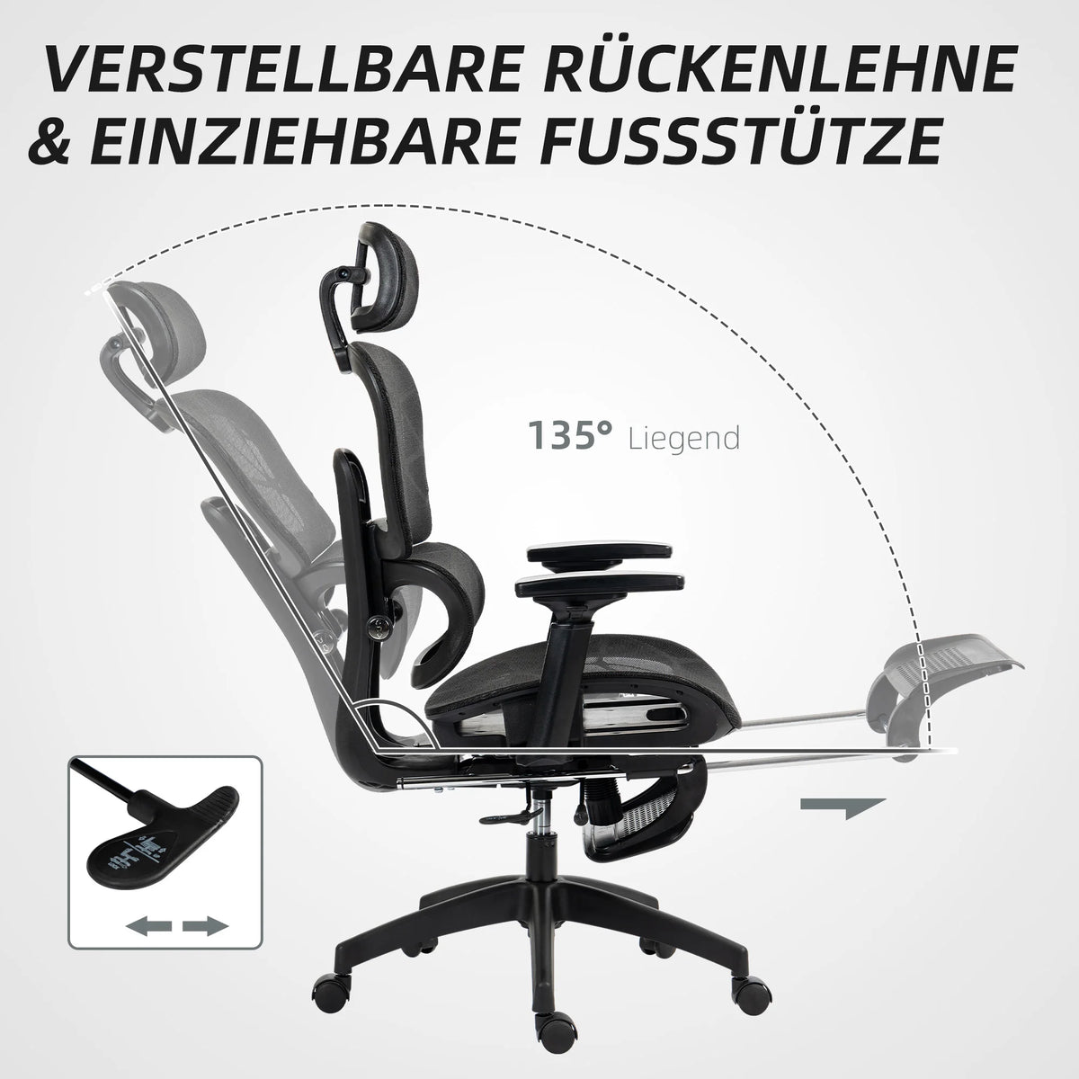Ergonomic Office Chair with Lumbar Support, Adjustable Headrest, Footrest, Armrests, Reclining Mesh Desk Chair for Home Office