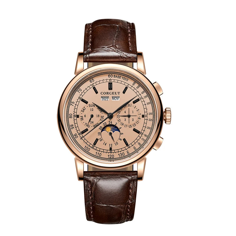 CORGEUT Automatic Mechanical Luxury Watches For Man Business Multification Date Day Month Year 316L Mechanical Men's Watches