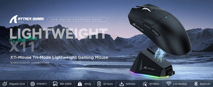Attack Shark X11 Tri-Mode Gaming Mouse with Magnetic Charging Dock, 22,000 DPI PixArt PAW3311 Wireless Gaming Mouse, Bluetooth, 2.4GHz & Wired RGB Gaming Mouse for PC & Mac