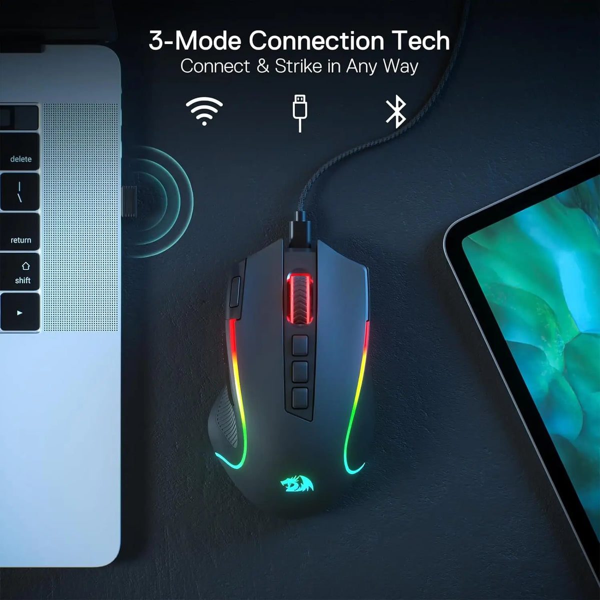 Herní myš Redragon M612 PRO BT & 2.4RGB, optická hráčská myš 8000 DPI kabelová/bezdrátová, 11 programovatelných tlačítek a 6 režimů podsvícení