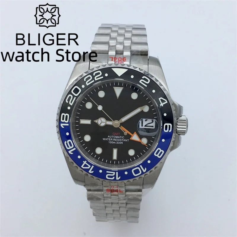 BLIGER 40mm NH34 GMT Watch For Men Mechanical Wristwatch Luminous Bezel Sapphire Glass Stainless Steel Bracelet Reloj Hombre
