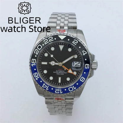 BLIGER 40mm NH34 GMT Watch For Men Mechanical Wristwatch Luminous Bezel Sapphire Glass Stainless Steel Bracelet Reloj Hombre