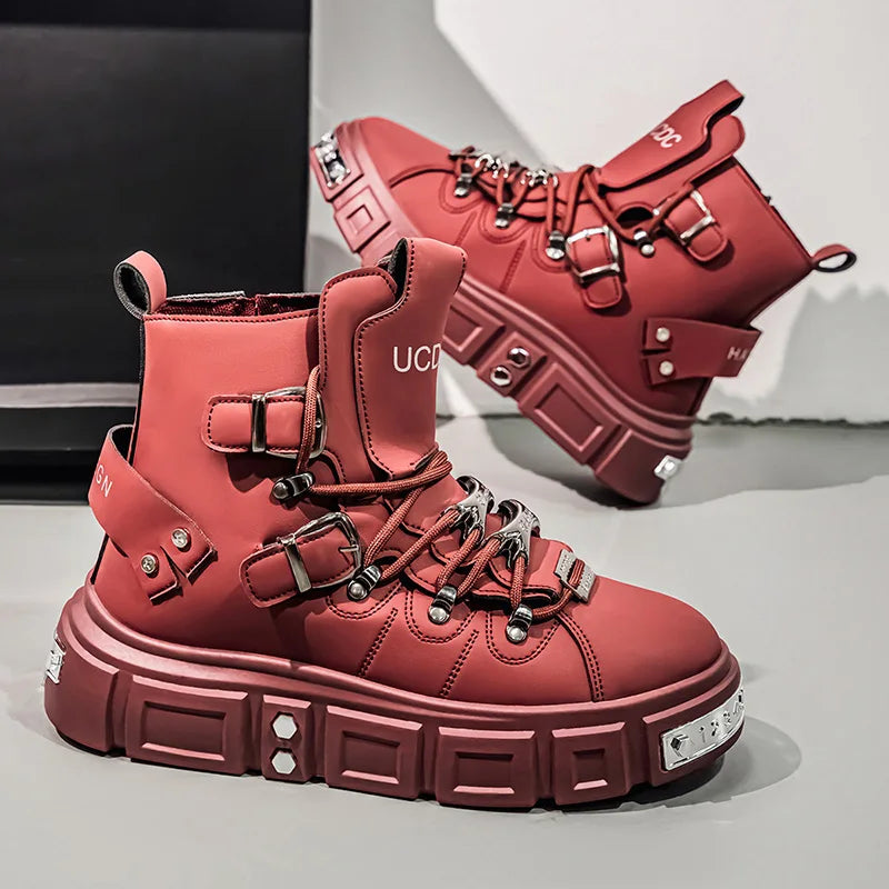 Fashion Rivet Black High top Sneakers Men Leather Design Luxury Shoes Street Gothic Punk Boots Men Motorcycle Boots Big Size 46