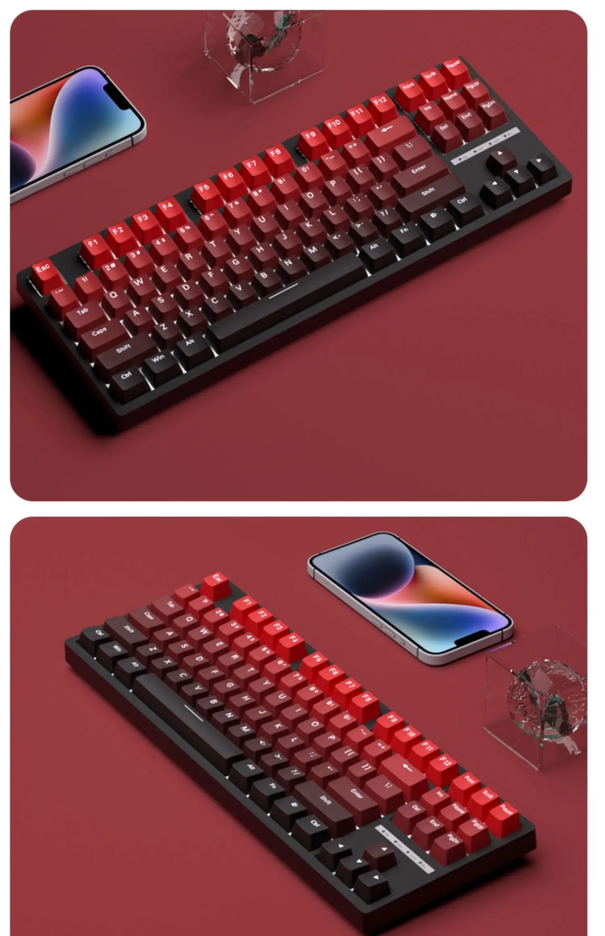 OEM PBT Side Engraved Keycaps for Mechanical Keyboard, 136-Key Red & Black Gradient Keycaps for MX Switch 60/64/84/98/108 Gaming Mechanical Keyboard