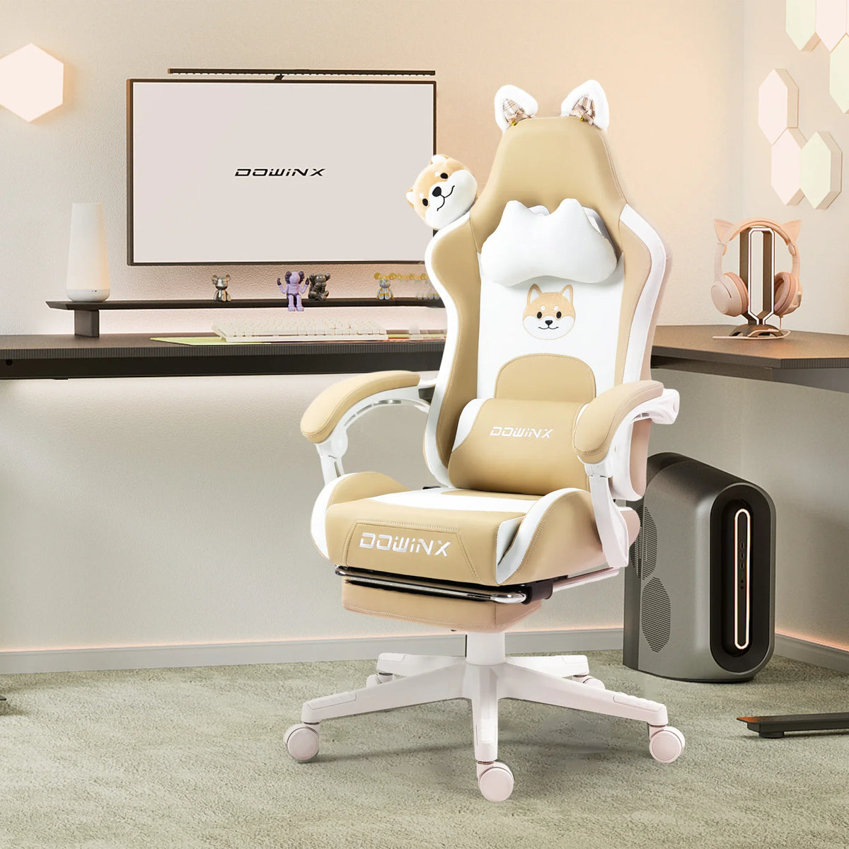 Cute Gaming Chair with Cat Ears, Pink Kawaii Ergonomic Gamer Chair with Footrest, Cat Paw Lumbar Support, High Back Computer Gaming Chair