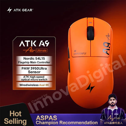 Mouse da gaming wireless ATK Dragonfly A9 Ultimate A9 Air PAW3950 ultraleggero ergonomico e-sport per gamer FPS CSGO A9 Ultra
