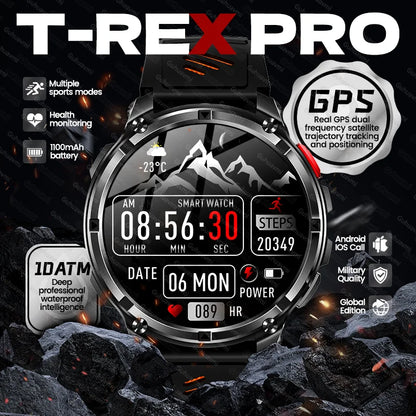 2026 T-Rex 3 Style Smartwatch for Men  1100mAh Battery, GPS, 10ATM Waterproof, Bluetooth Calling & Sports Tracker