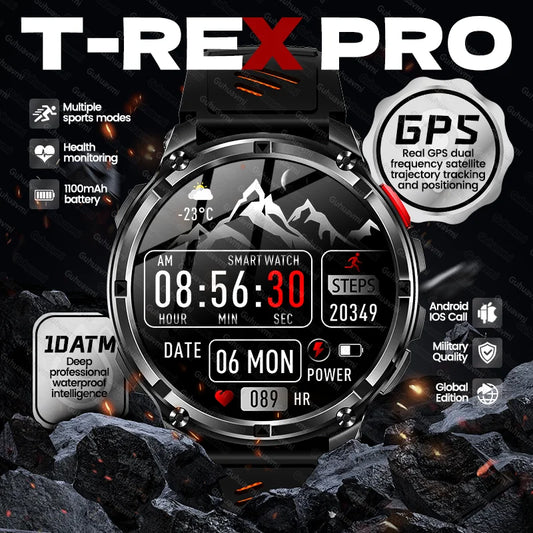 2026 T-Rex 3 Style Smartwatch for Men  1100mAh Battery, GPS, 10ATM Waterproof, Bluetooth Calling & Sports Tracker
