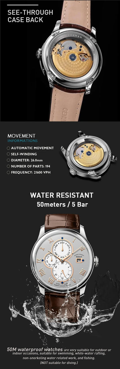 Marca de luxo BORMAN: Relógios mecânicos automáticos para homem, com cristal de safira, resistentes à água até 50 m, mostrador multifunções e bracelete em pele de estilo retro – BM18011