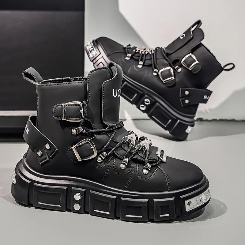 Fashion Rivet Black High top Sneakers Men Leather Design Luxury Shoes Street Gothic Punk Boots Men Motorcycle Boots Big Size 46