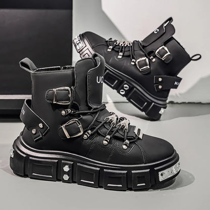 Fashion Rivet Black High top Sneakers Men Leather Design Luxury Shoes Street Gothic Punk Boots Men Motorcycle Boots Big Size 46