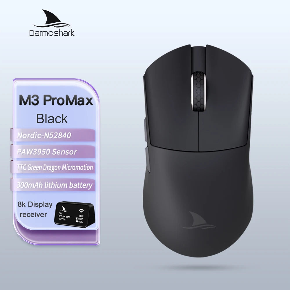 Ratón gaming Darmoshark M3Pro 2.4G BT inalámbrico trimodo con sensor PAW3395 N52840, 26000DPI, para manos grandes, controlador macro para gaming