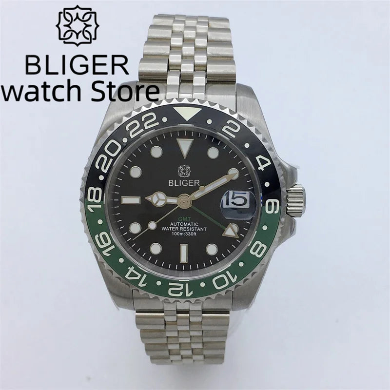 BLIGER 40mm NH34 GMT Watch For Men Mechanical Wristwatch Luminous Bezel Sapphire Glass Stainless Steel Bracelet Reloj Hombre