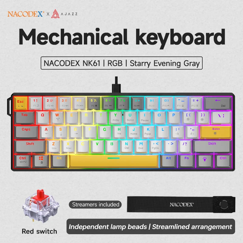 AJAZZ NK61 Wired 61-Key Gaming Mechanical Keyboard 60% RGB Lighting Hot-Swappable Red Switches 61 Keys Suitable for Gamers