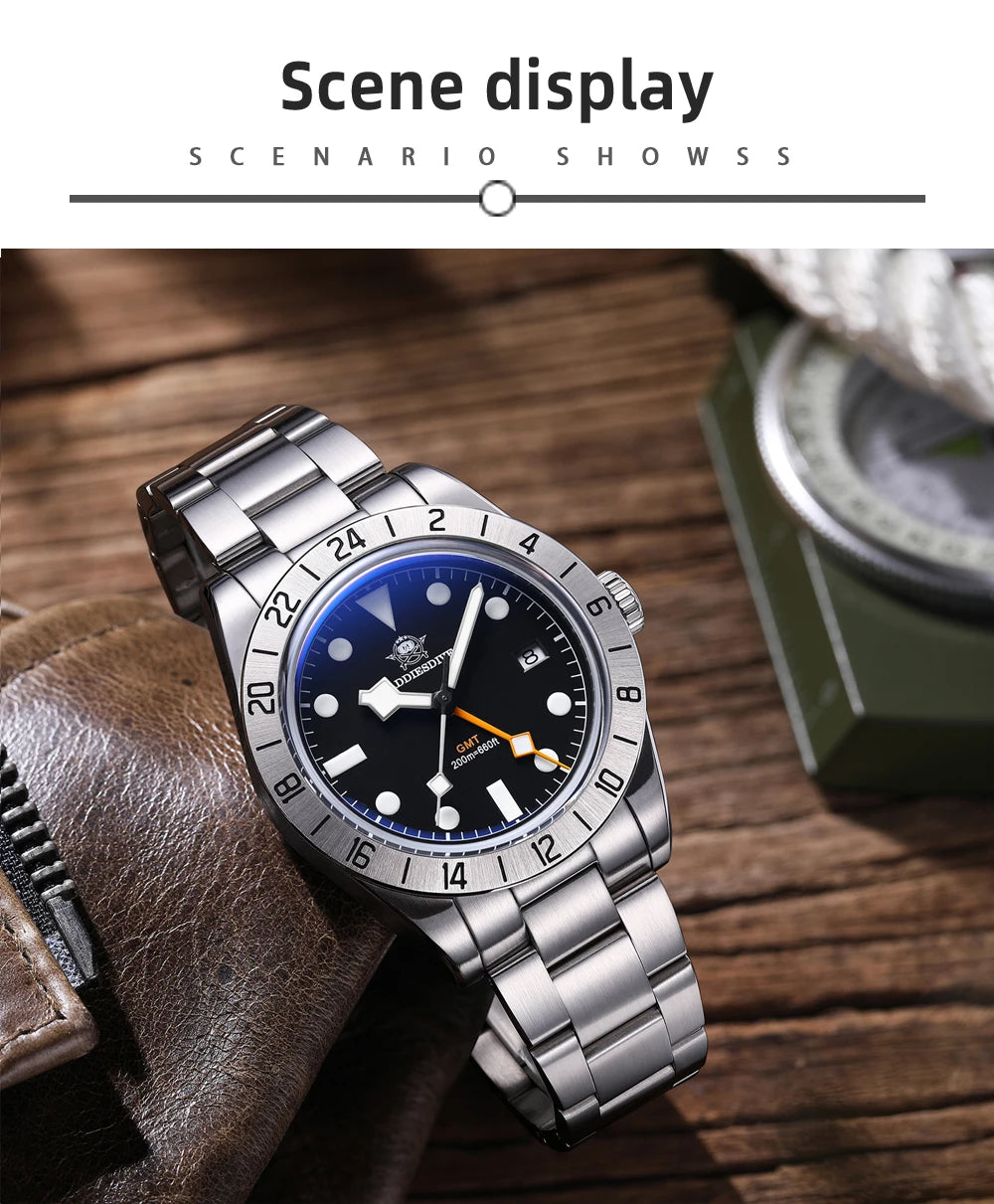 ADDIESDIVE New Luxury Men's Watch 200 Waterproof Stainless Steel Quartz Watch BGW9 Super Blue Luminous GMT Stainless Steel Watch