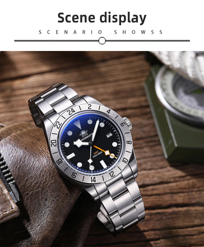 ADDIESDIVE New Luxury Men's Watch 200 Waterproof Stainless Steel Quartz Watch BGW9 Super Blue Luminous GMT Stainless Steel Watch