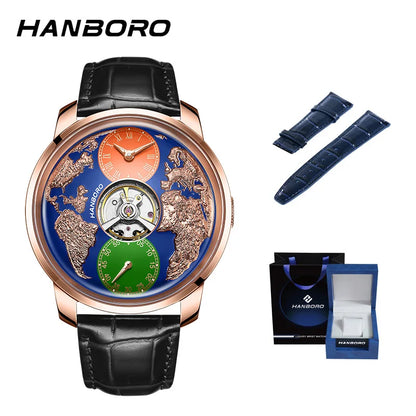 HANBORO World Time Series Men's Fully Automatic Mechanical Watch with Hollow Flywheel World Earth Personality Watch 1026
