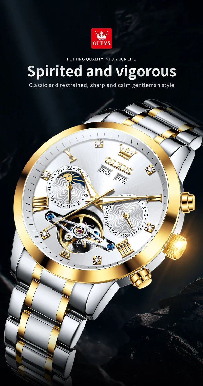 OLEVS Men's Watches - Moon Phase Hollow Flywheel Exclusive Original Automatic Mechanical Watches For Men Luxury Man Watch New 7029