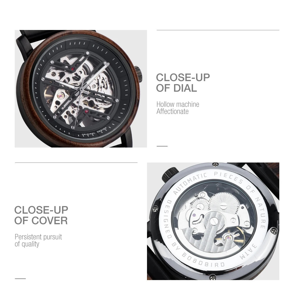 Automatic Mechanical Watch BOBO BIRD New Top Business Men Wooden Wristwatch Unique Custom Engraved Watches Christmas Gift Box