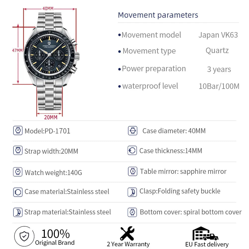 PAGANI DESIGN 2026 New CK2988 Moon Watches Retro Top Luxury Quartz Watch For Men Sapphire glass Speed Chronograph Wristwatch Men