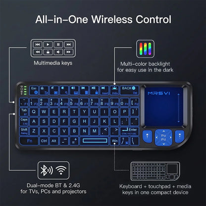 MRSVI Mini Keyboard A8 PLUS, tastiera wireless retroilluminata 2.4GHz e Bluetooth5.0 con touchpad per Android TV Box, Mac, laptop, Windows