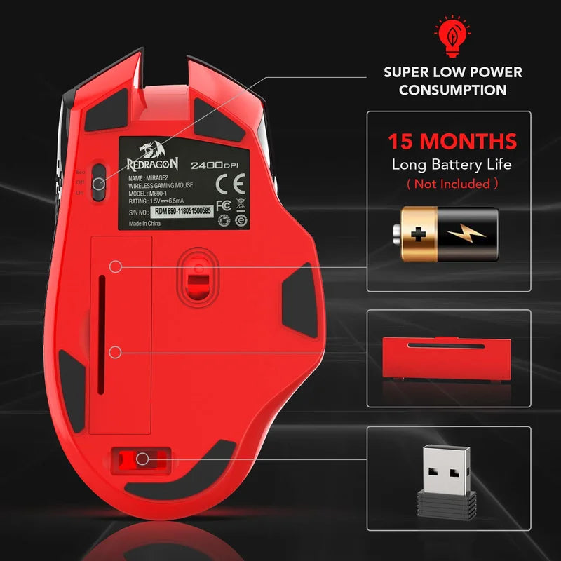 Ratón gaming inalámbrico Redragon M690-1 2.4Ghz con cambio de DPI, 2 botones laterales, 2400 DPI, diseño ergonómico, 8 botones - Negro