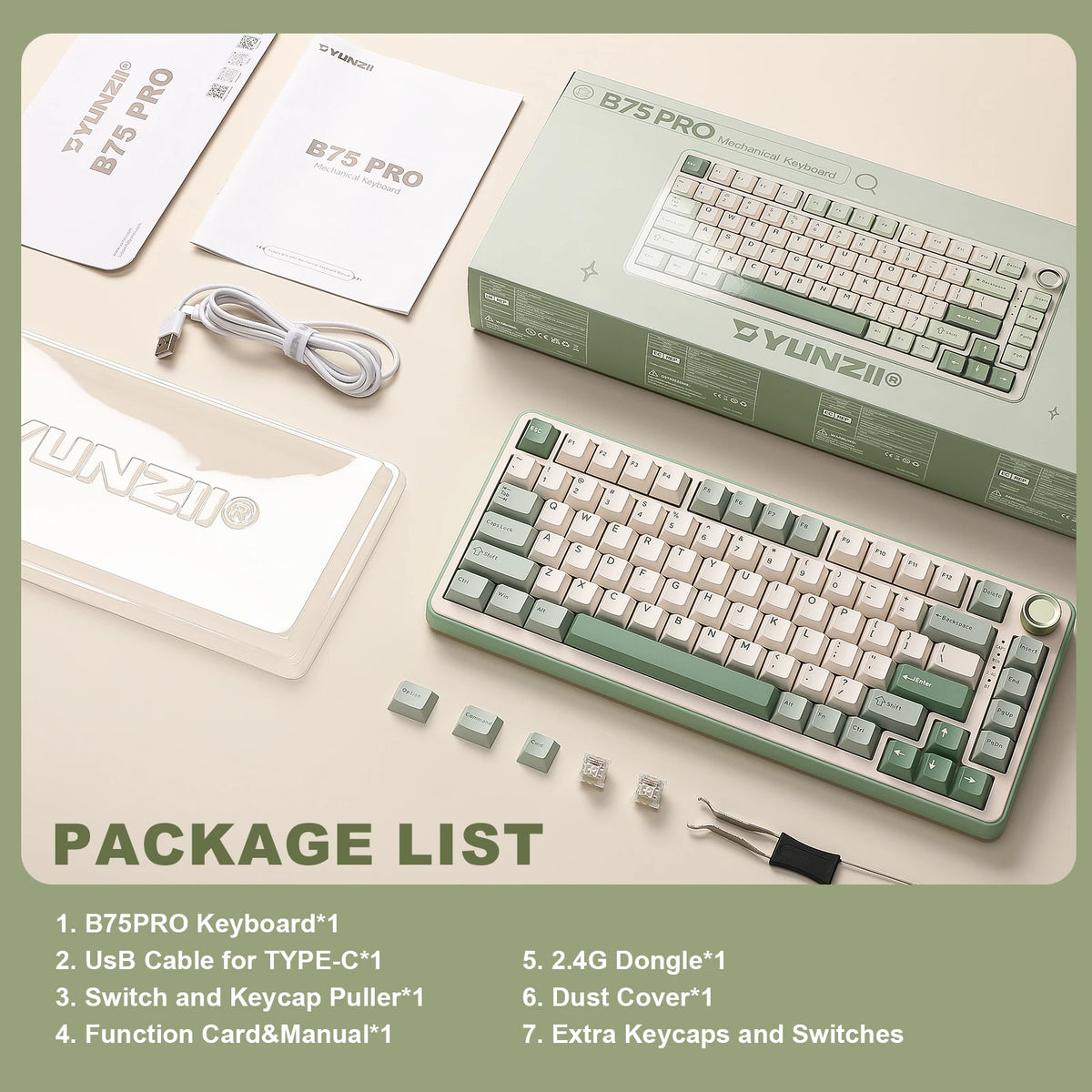 YUNZII B75 PRO Green Mechanical Gaming Keyboard, Gasket 75 Knob RGB Keyboard, BT/Wired/Wireless  Hot-Swap Custom Creamy Keyboard