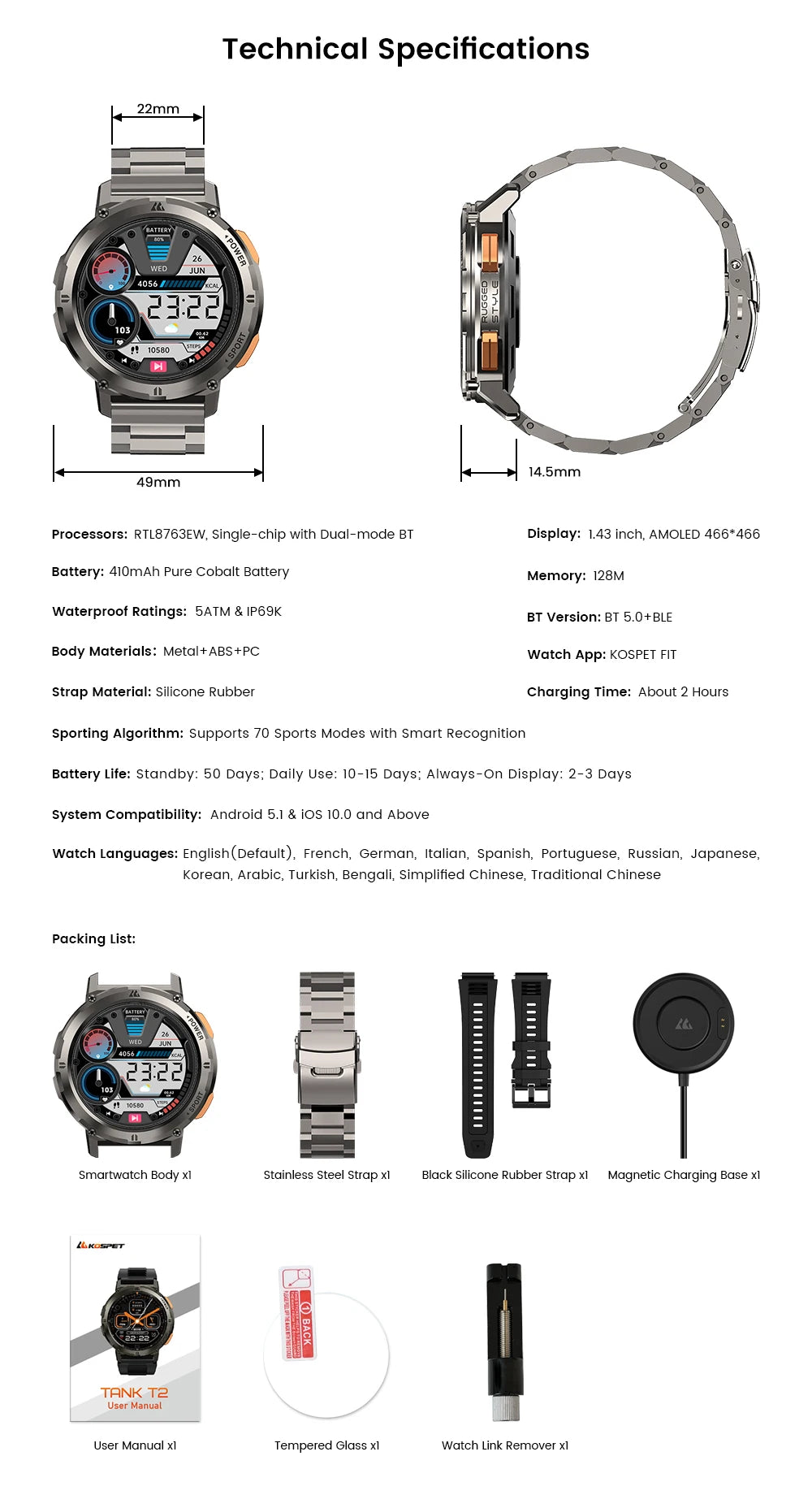 2025 Original KOSPET TANK T2 Smart Watches for Men Watches AMOLED AOD Smartwatch Bluetooth Call Electronic Men's Smart Watch