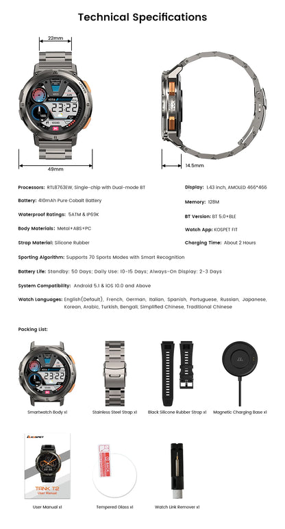2025 Original KOSPET TANK T2 Smart Watches for Men Watches AMOLED AOD Smartwatch Bluetooth Call Electronic Men's Smart Watch