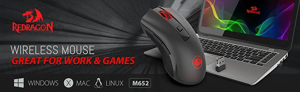 Redragon M652 Wireless Gaming Mouse, 2.4GHz Optical Wireless Mouse with USB Receiver, 5 Adjustable DPI Levels, Ergonomic Wireless Mouse for Gaming & Office