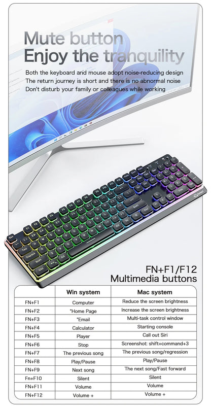 Freewolf M104 Tri-Mode Wireless Keyboard RGB 104 Keys Ultra Slim Quiet Membrane 4000mAh Large Battery for Office & Home