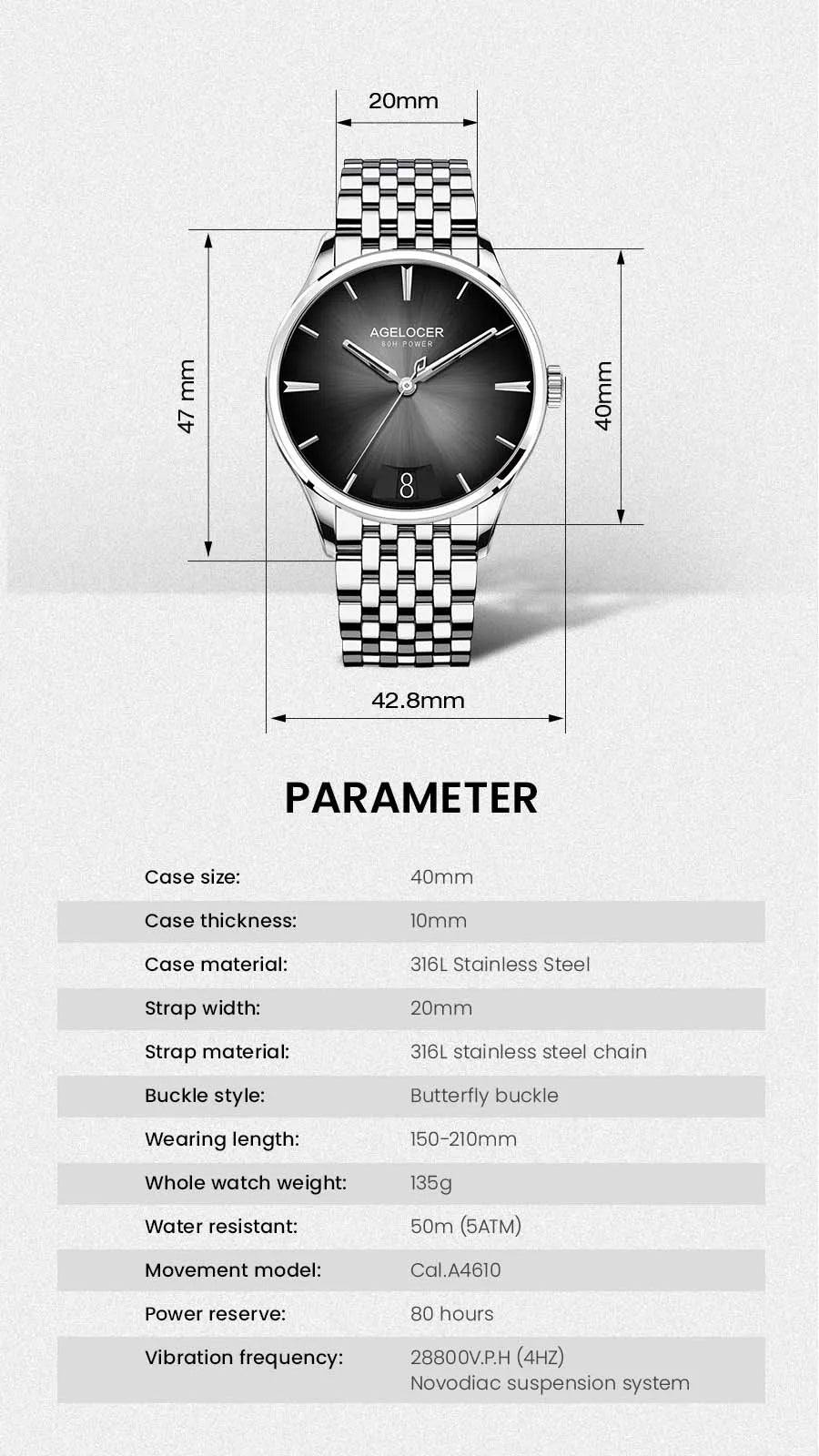 AGELOCER Original Budapest Watch Steel Strap Men's Business Dress Big Calendar Automatic Mechanical Watch Birthday Gift for Men