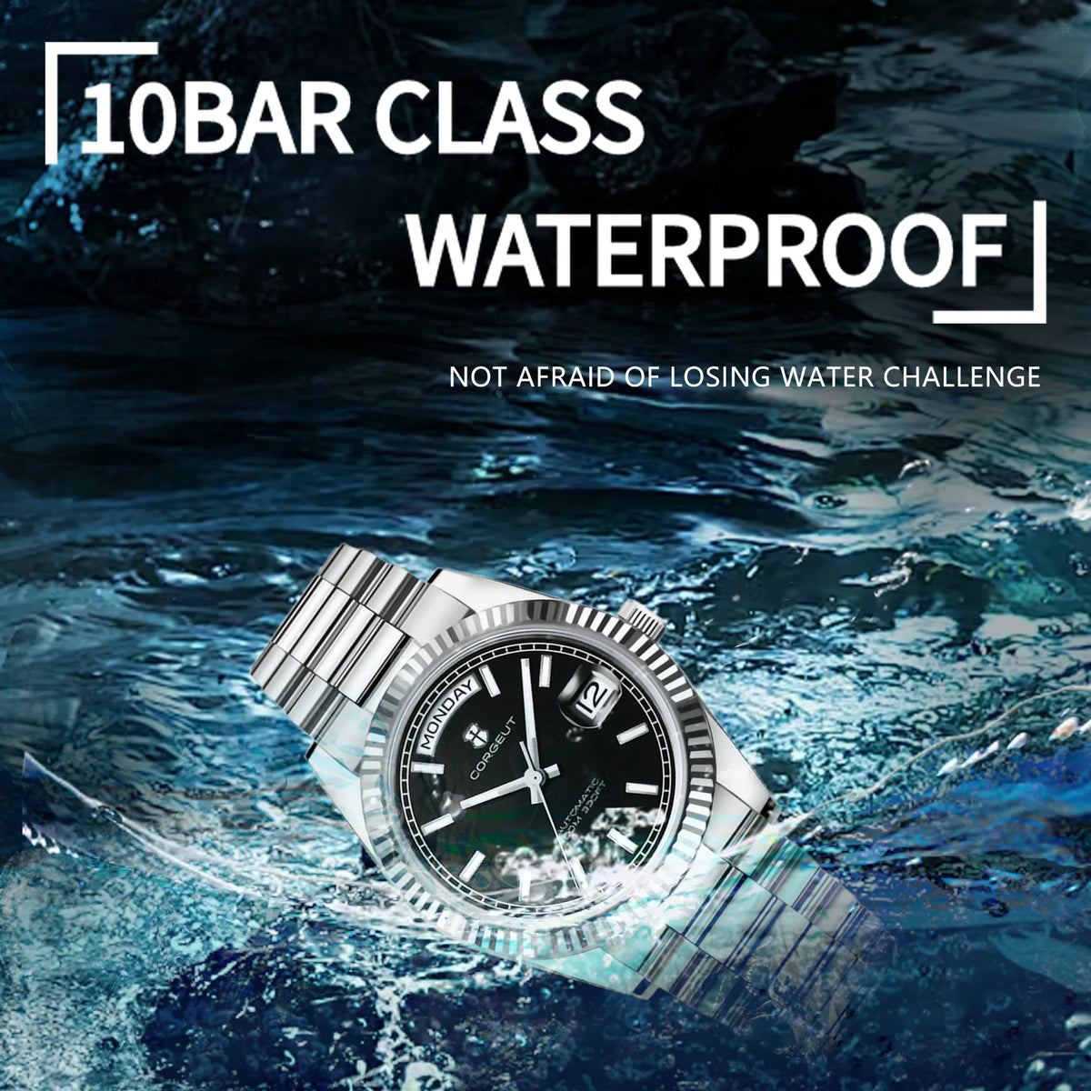CORGEUT NH36 Mechanical Men's Watch Date of the Week Show President Chain Strap Steel Case Watch Threaded Arc Bezel waterp
