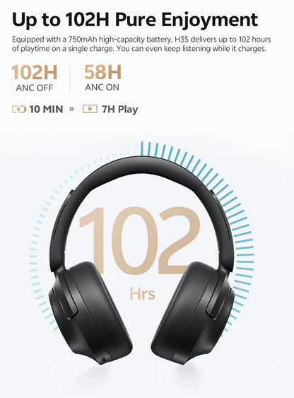 QCY H3S – Adaptiver ANC-Over-Ear-Bluetooth 6.0-Kopfhörer mit -56dB – Hi-Res LDAC Wireless-Headset, 102H Akku, räumlicher Klang mit Dual-Treiber
