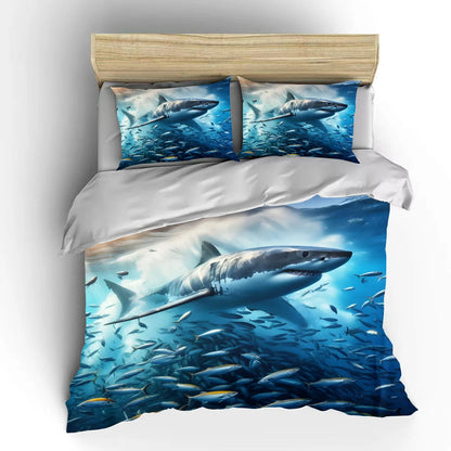 Shark swimming through fish swarm Print Soft Comfortable Duvet Cover Bedding Set Included 1*Duvet Cover  2*Pillowcases