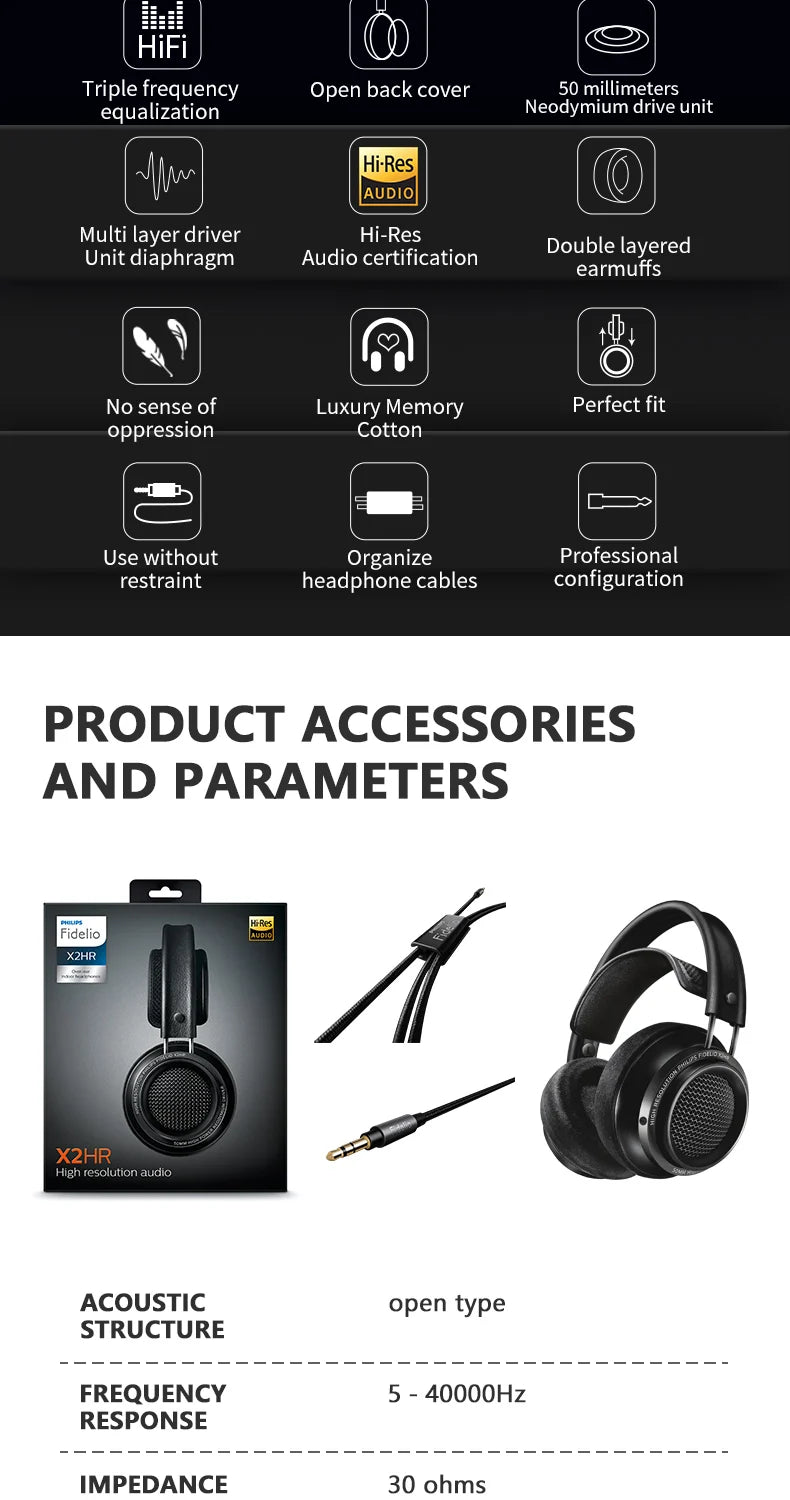 Philips X2HR Fidelio HiFi Stereo Wired Headphones – Premium 50mm Drivers, Deep Bass Over-Ear Comfort Headset for Gaming, Music & Studio Monitoring