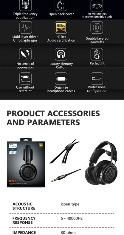 Philips X2HR Fidelio HiFi Stereo Wired Headphones – Premium 50mm Drivers, Deep Bass Over-Ear Comfort Headset for Gaming, Music & Studio Monitoring