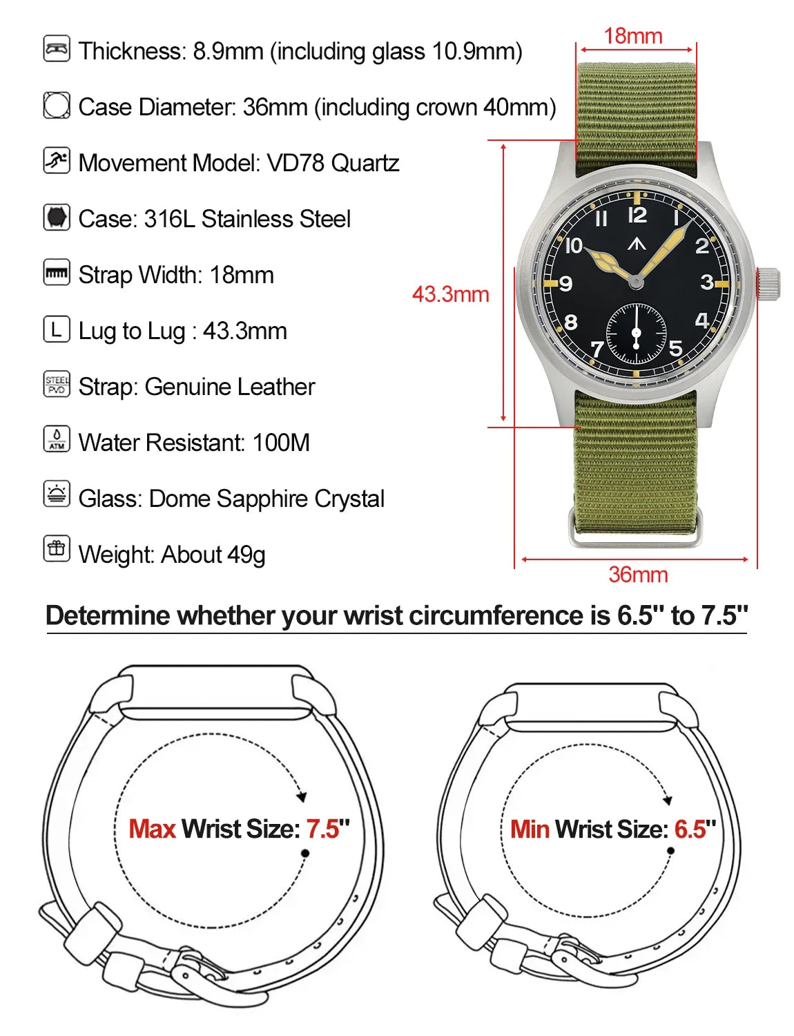 Militado D12 Quartz Watch Men VD78 Movement Domed Sapphire Crystal V2 Clear AR Coating Wristwatch 10Bar Water Resistance Watches