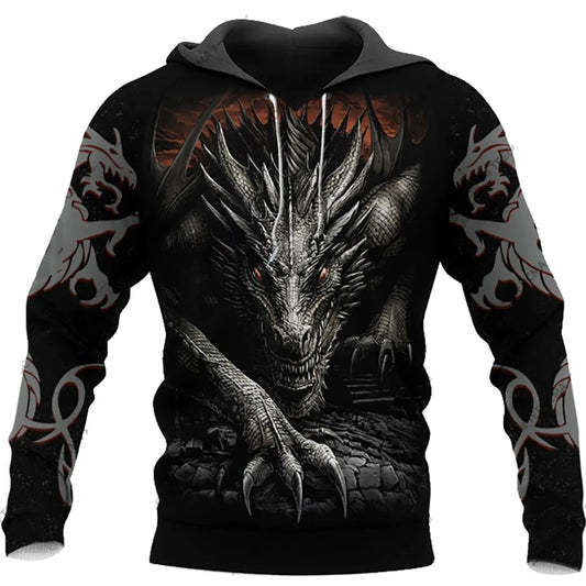 Sudadera con capucha unisex para hombre, manga larga otoño-invierno, estampado 3D de dragón estilo tatuaje, streetwear casual tipo pulóver en conjunto deportivo